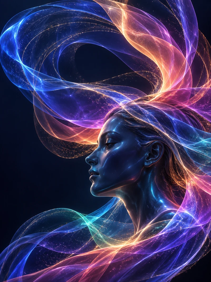 Retrato escultórico azul entre cintas de luz multicolor.