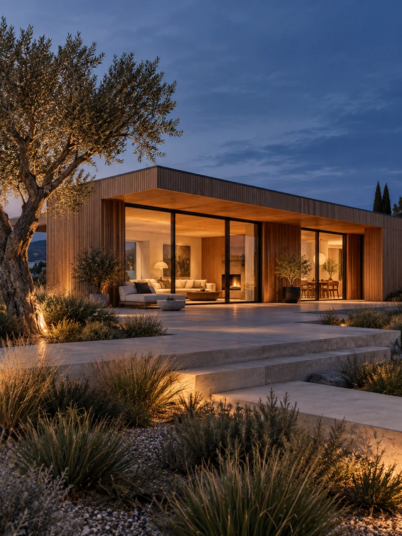 Casa contemporánea con madera, cristal e iluminación cálida.